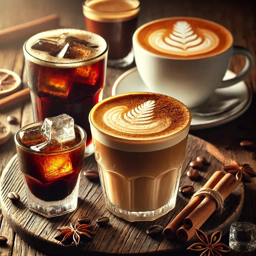 DALL·E 2025-01-02 19.13.00 - A visually appealing image showcasing a variety of coffee recipes. Includes a cappuccino with foam art, a cold brew in a glass with ice, a latte with