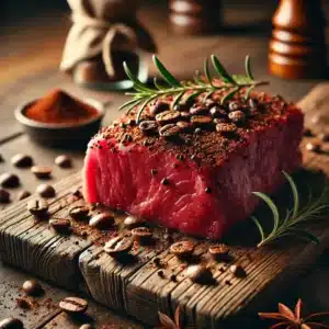 DALL·E 2025-01-02 19.15.33 - A visually striking image of a piece of red meat on a rustic wooden cutting board, sprinkled with crushed coffee beans. The scene is set with warm nat