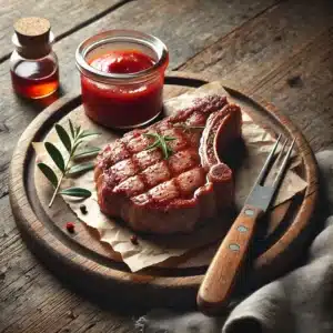 DALL·E 2025-01-02 19.21.44 - A realistic image of a veal steak placed on a rustic wooden table with minimal garnishes. A small glass container filled with red sauce is positioned