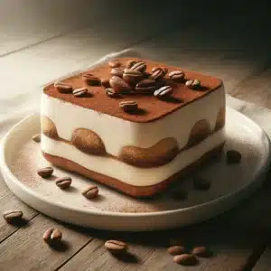DALL·E 2025-01-02 19.24.58 - A highly realistic image of a classic tiramisu dessert, garnished sparingly with a few coffee beans on top and a light dusting of cocoa powder. The de