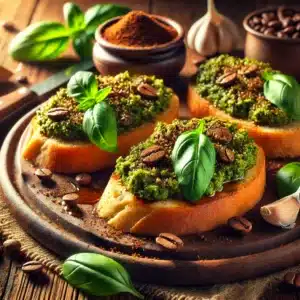 DALL·E 2025-01-02 19.29.24 - A realistic image of a bruschetta topped with a unique pesto made from ground coffee beans, olive oil, basil, and garlic. The bruschetta is served on