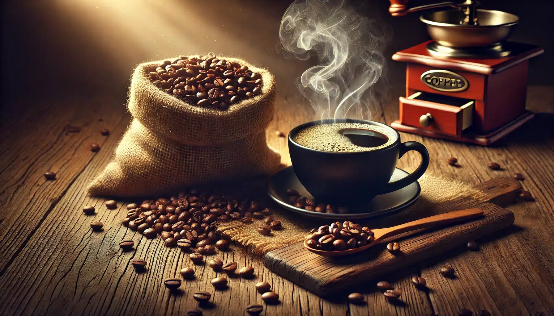 DALL·E 2025-01-27 17.32.26 - A beautifully composed image showcasing the enchanting aroma of freshly roasted coffee. The scene features a steaming cup of coffee placed beside a bu