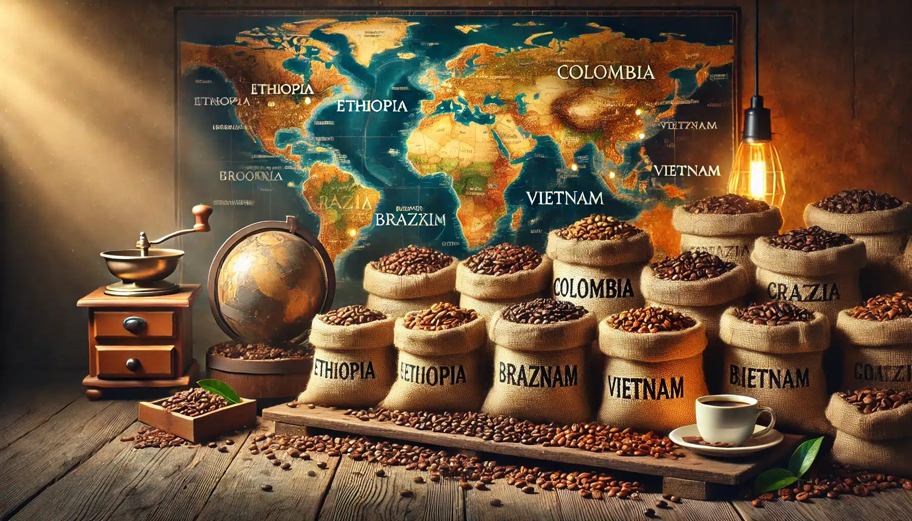 DALL·E 2025-01-27 17.33.56 - A stunning panoramic image showcasing the origins of coffee beans from around the world. The scene features a beautifully arranged display of burlap s