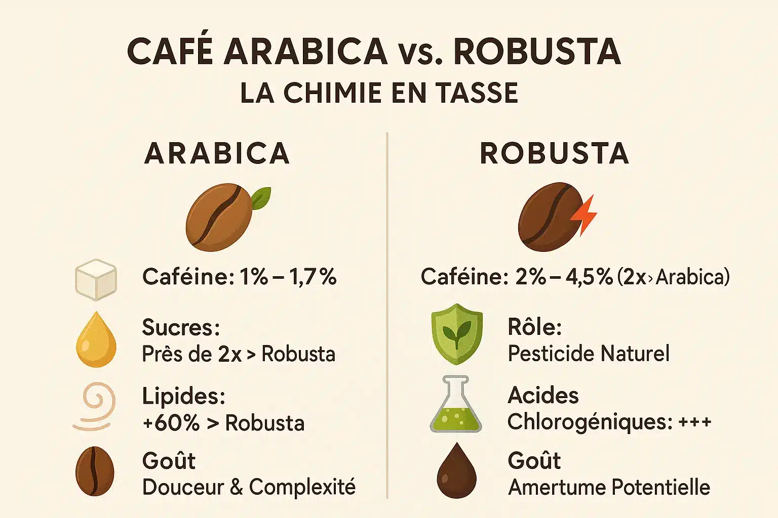 Comparaison visuelle des grains d'Arabica et de Robusta