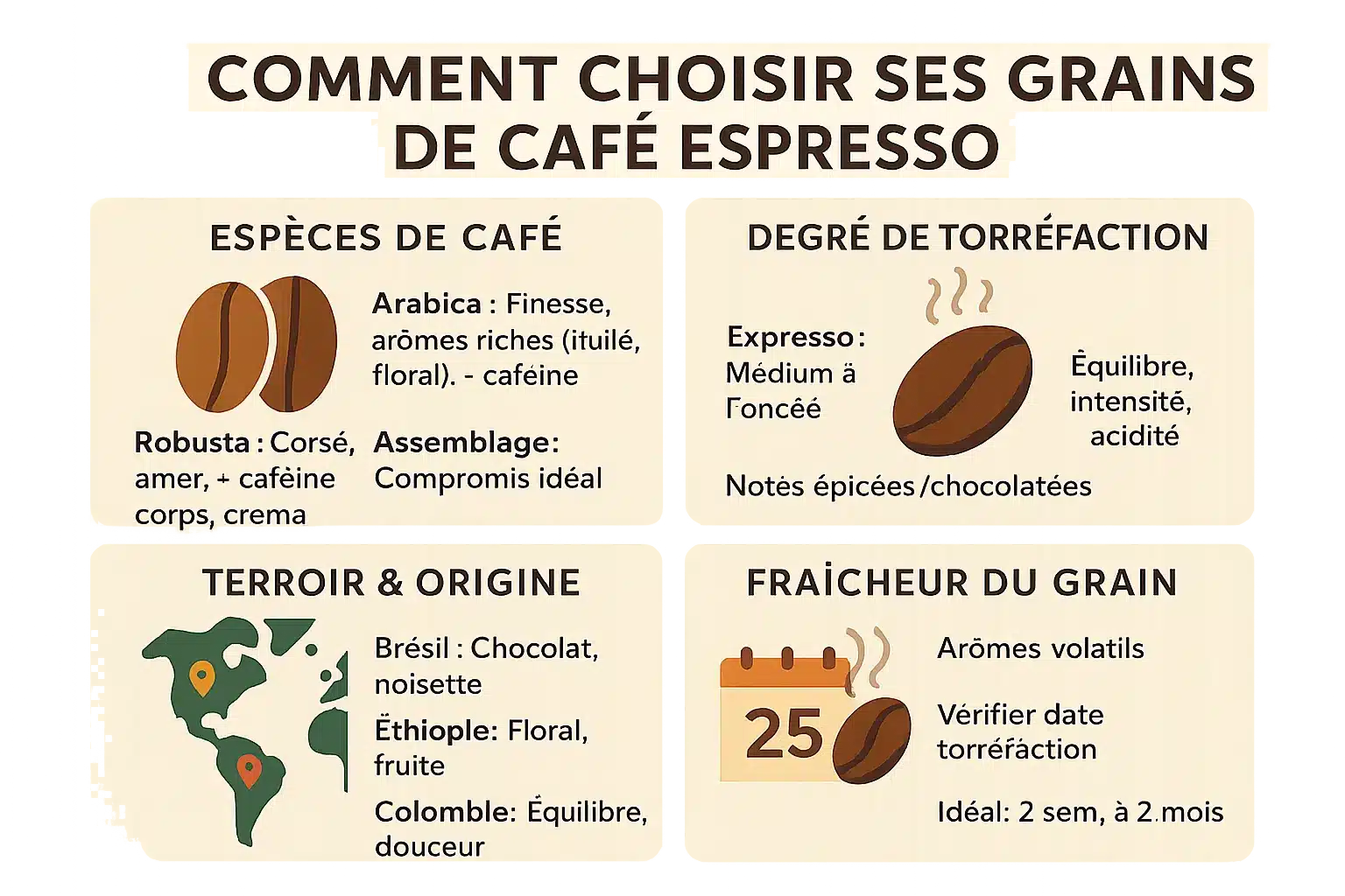 Infographie sur le choix des grains de café pour l'expresso