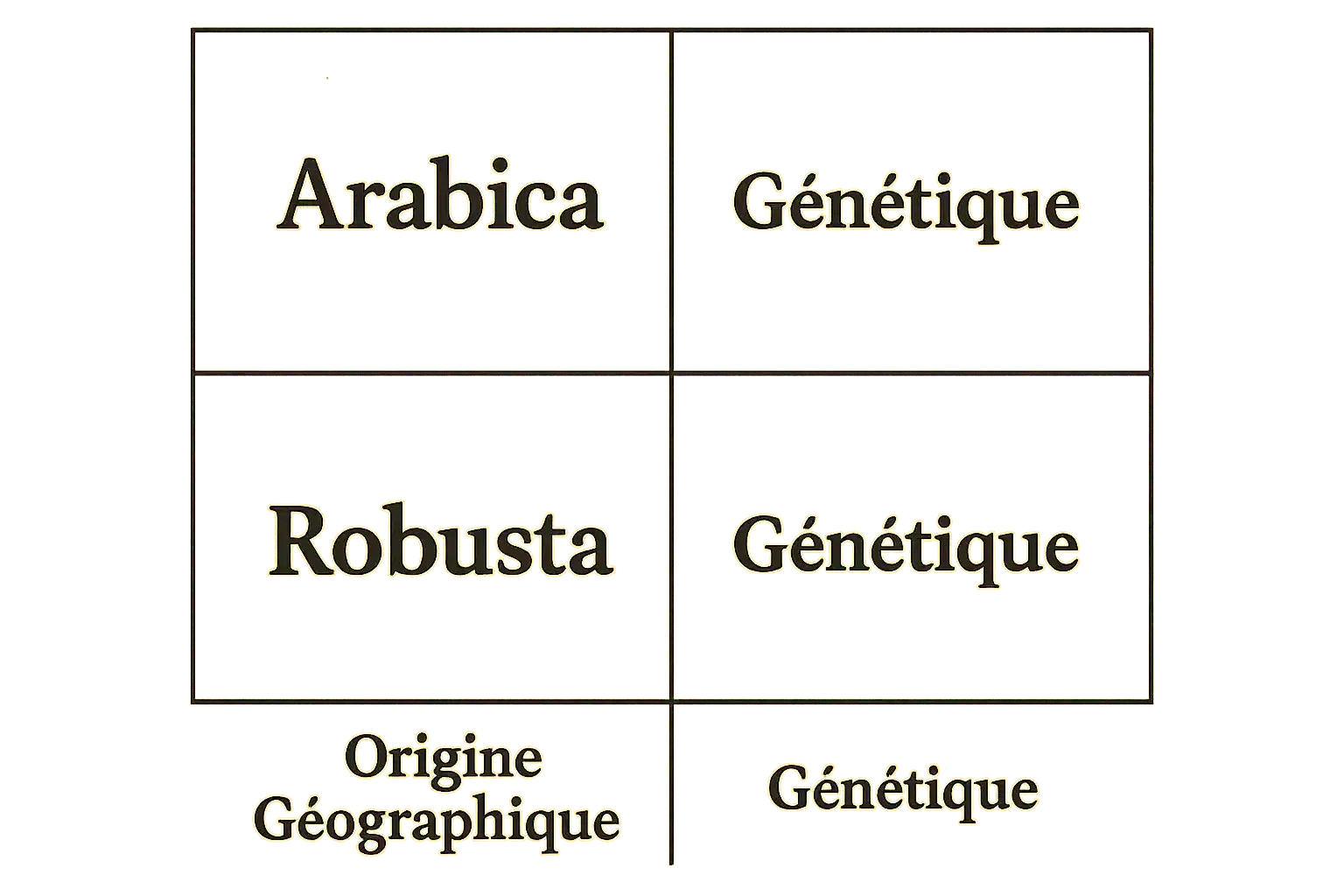 Comparaison visuelle des origines géographiques et de la génétique de l'Arabica et du Robusta