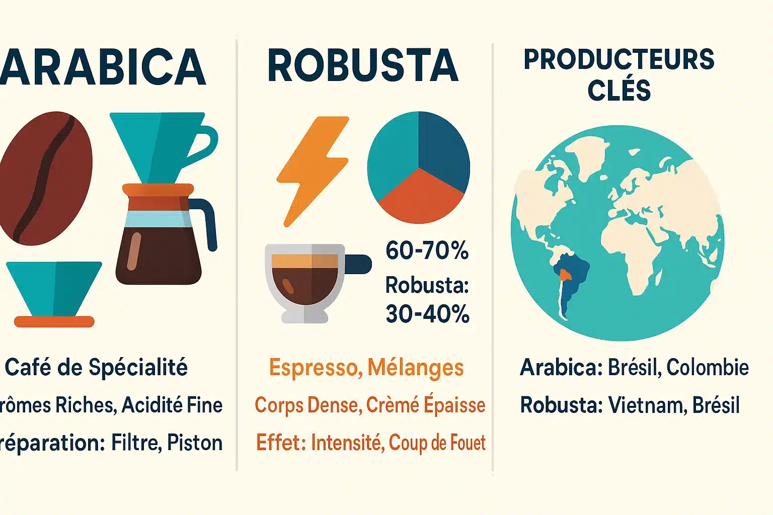 Comparaison visuelle entre les grains d'arabica et de robusta