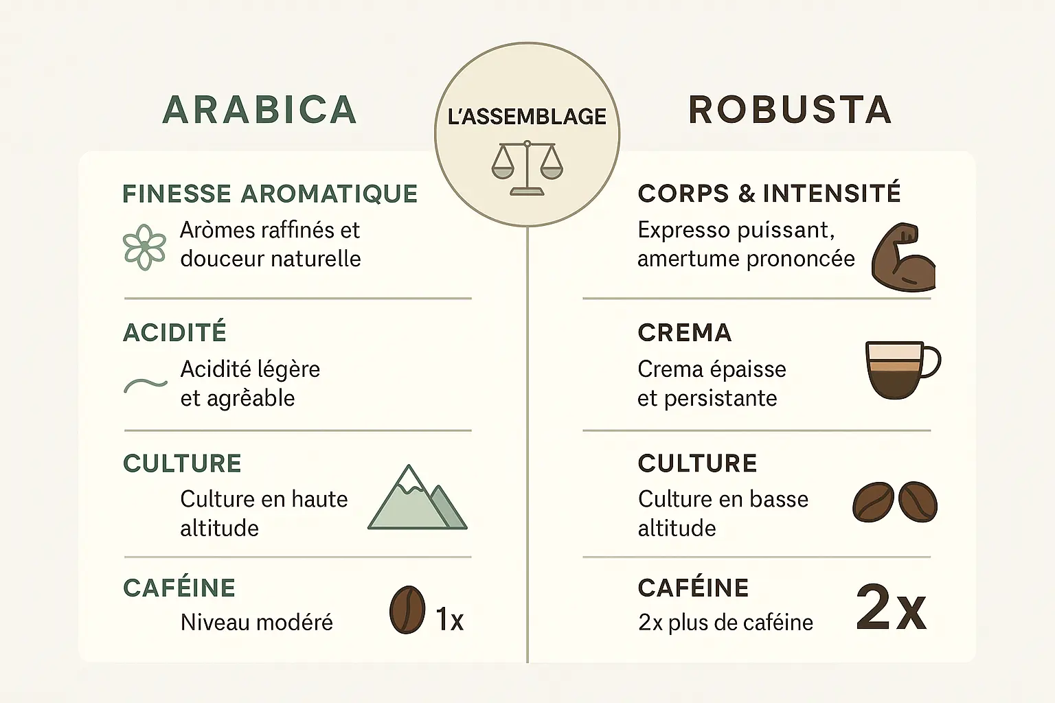 Comparaison visuelle des grains Arabica et Robusta pour espresso