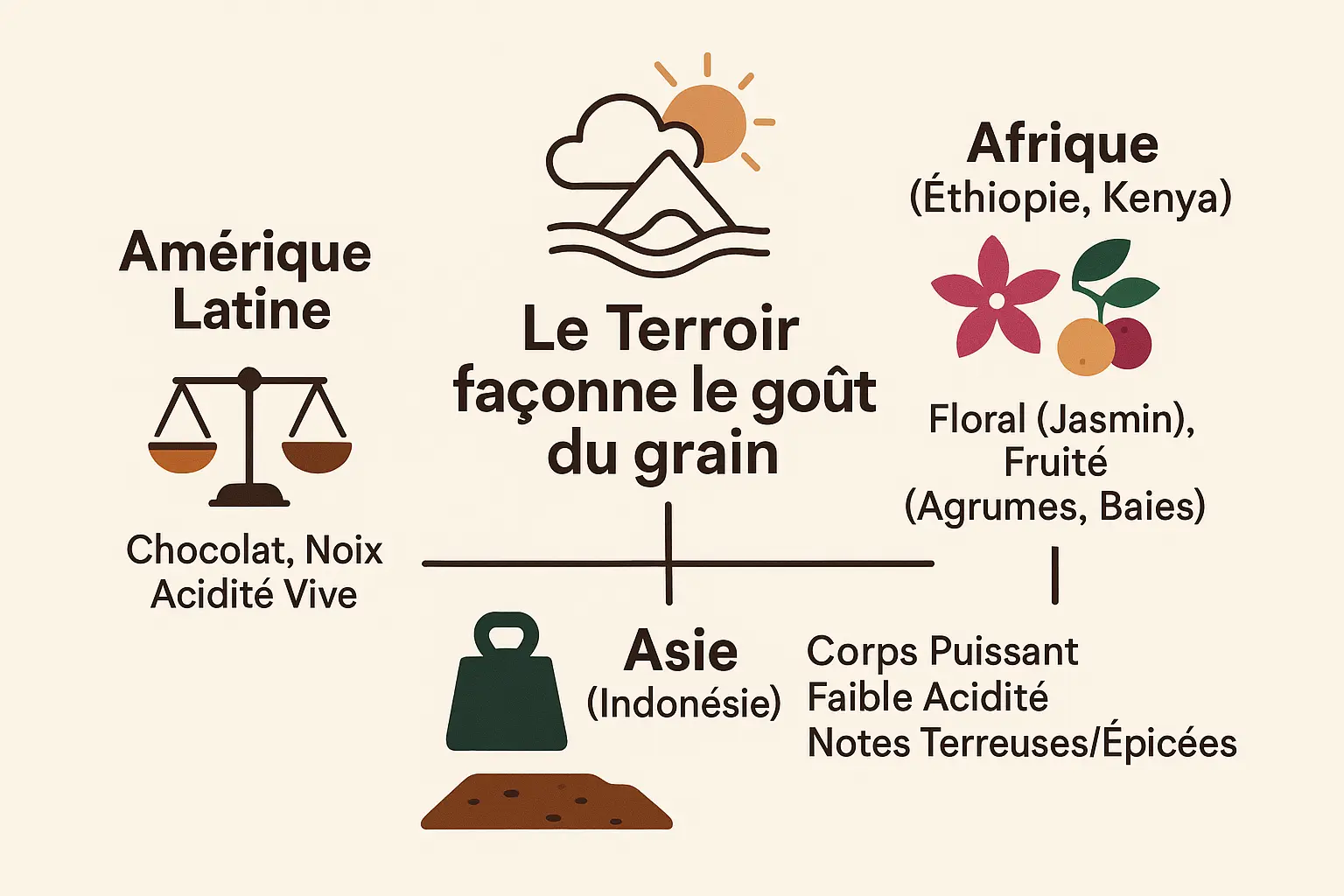 Représentation visuelle de l'influence du terroir sur le goût des grains de café