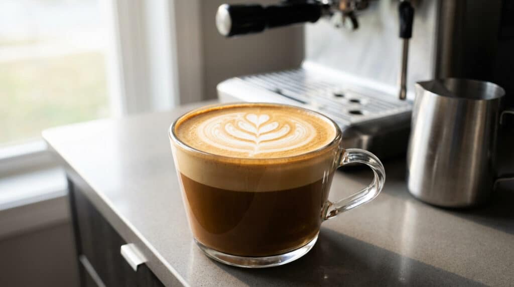 Photorealistic close-up of a café latte in a clear mug, featuring detailed rosetta latte art on sunlit counter with coffee equipment.