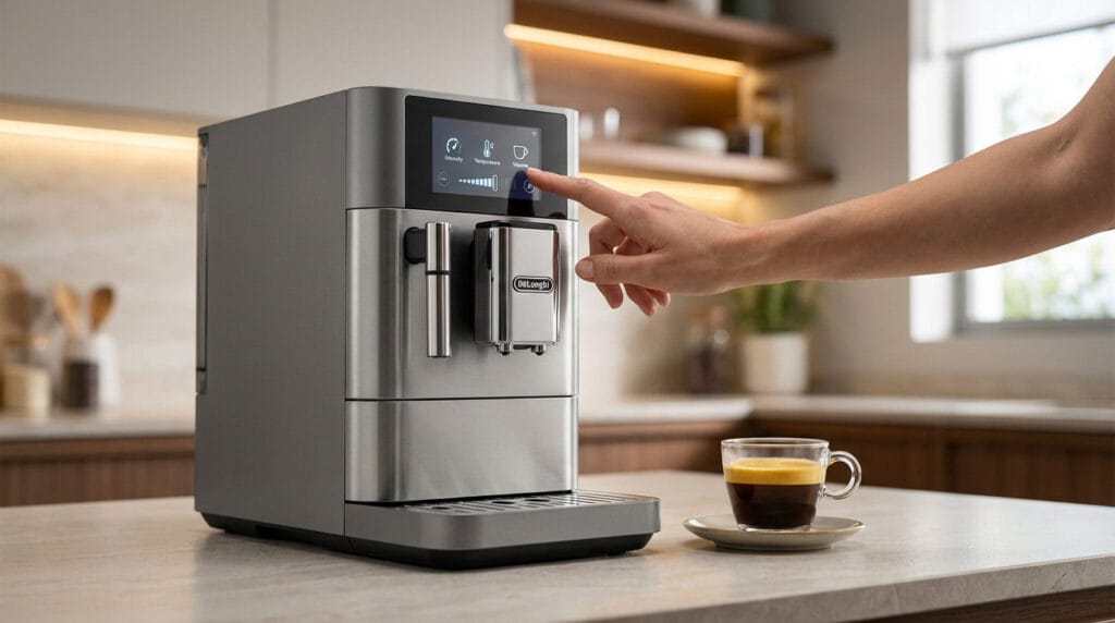 A hand adjusts settings on a sleek automatic coffee machine's digital display, next to a fresh cup of coffee with crema on a kitchen counter.