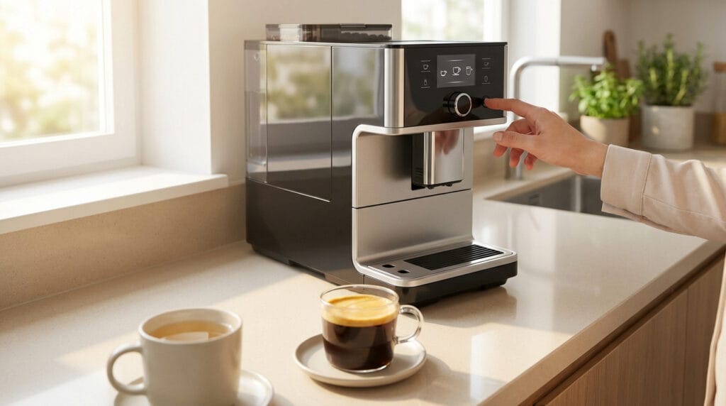 Une main ajuste les réglages d'une machine à café Delonghi, avec un expresso et une tasse sur un comptoir de cuisine ensoleillé.