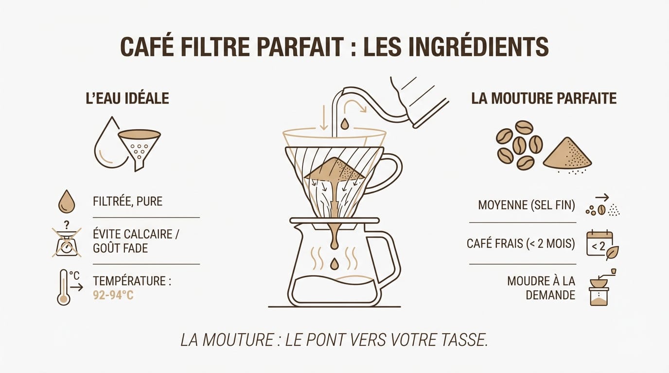 Ingrédients pour préparer un café filtre parfait avec de l'eau filtrée et du café frais