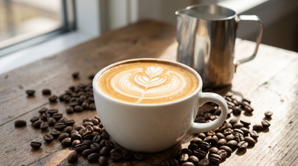 Une tasse de café au lait avec latte art est posée sur une table en bois rustique, entourée de grains de café torréfiés. Une verseuse à lait en métal est visible en arrière-plan.