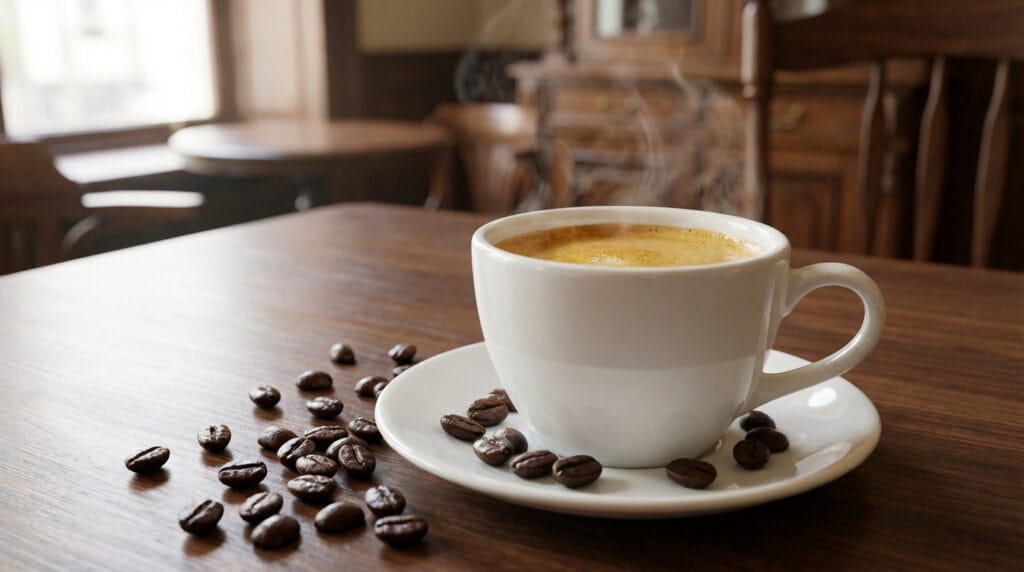 Tasse de café illy fumant avec de la crème, et des grains de café dispersés sur une table en bois dans un café.
