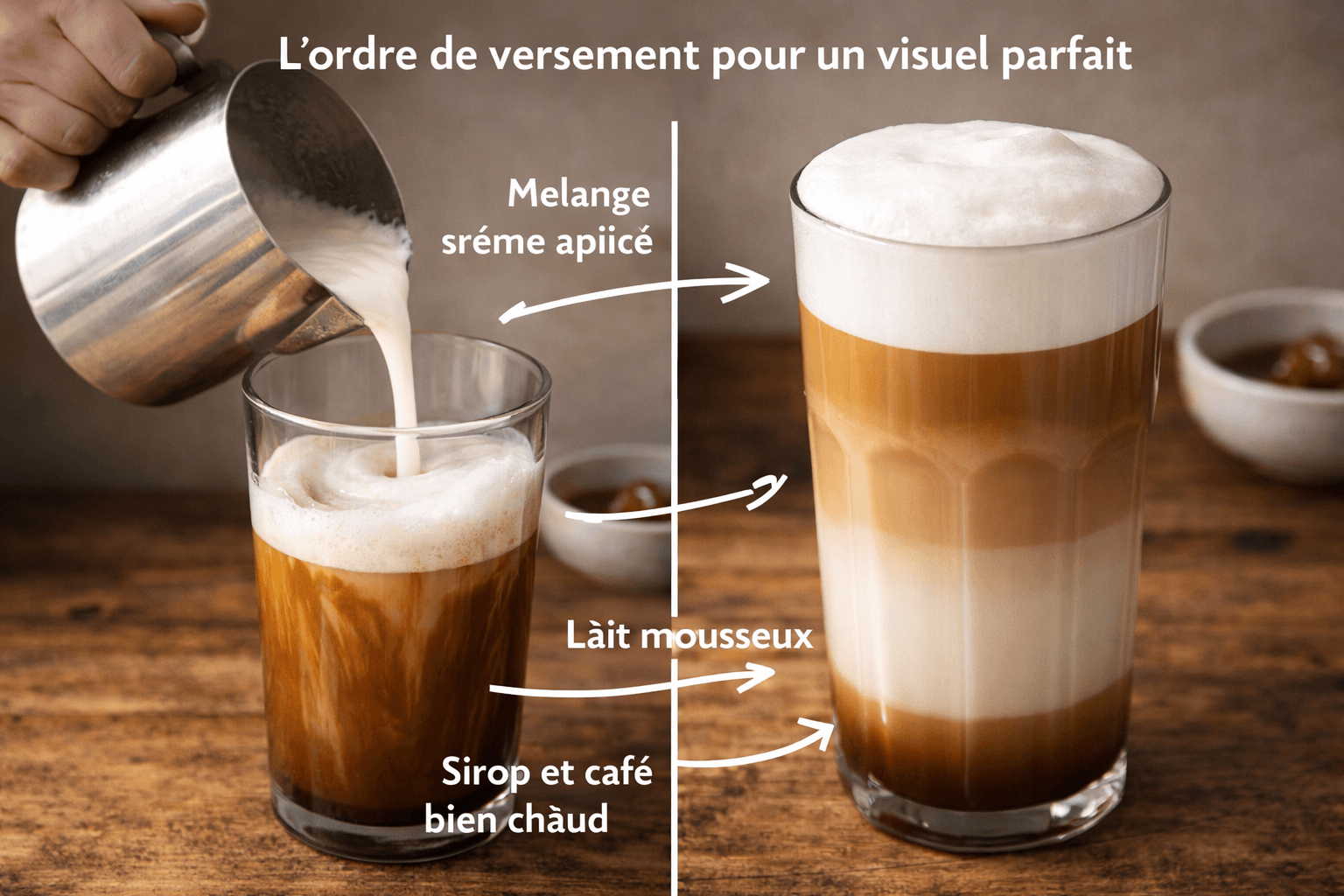 ordre de versement latte caramel maison avec couches espresso lait mousse et caramel