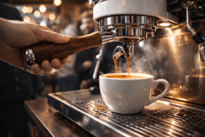 Expresso en cours d’extraction avec porte-filtre sur machine professionnelle dans un café avec clients en arrière-plan