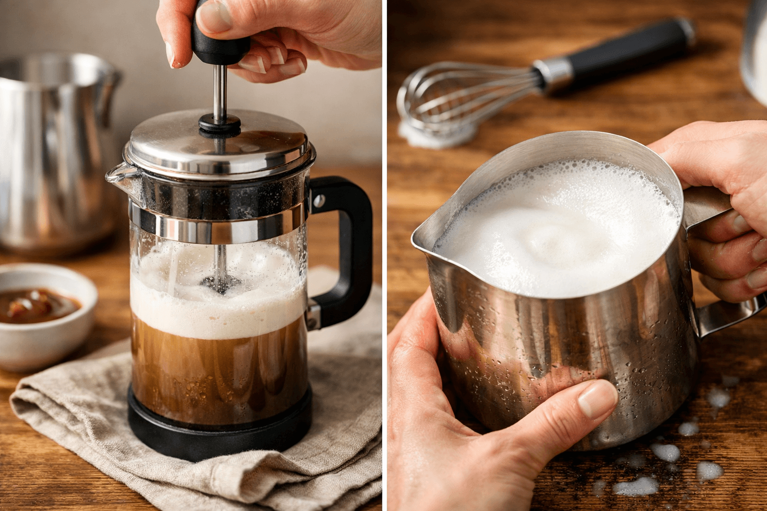 mousse de lait maison sans machine avec presse française et pichet micro mousse