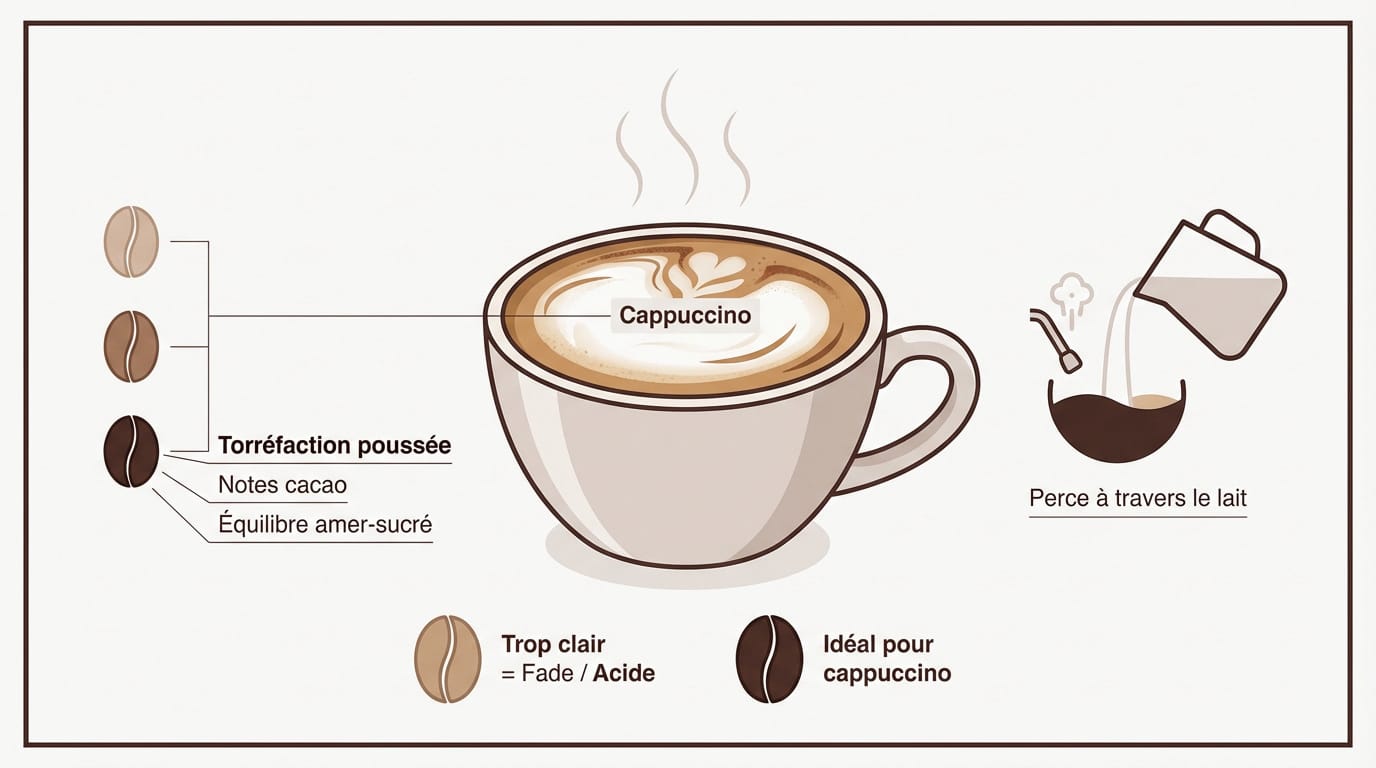 Un cappuccino onctueux préparé avec un café de torréfaction foncée