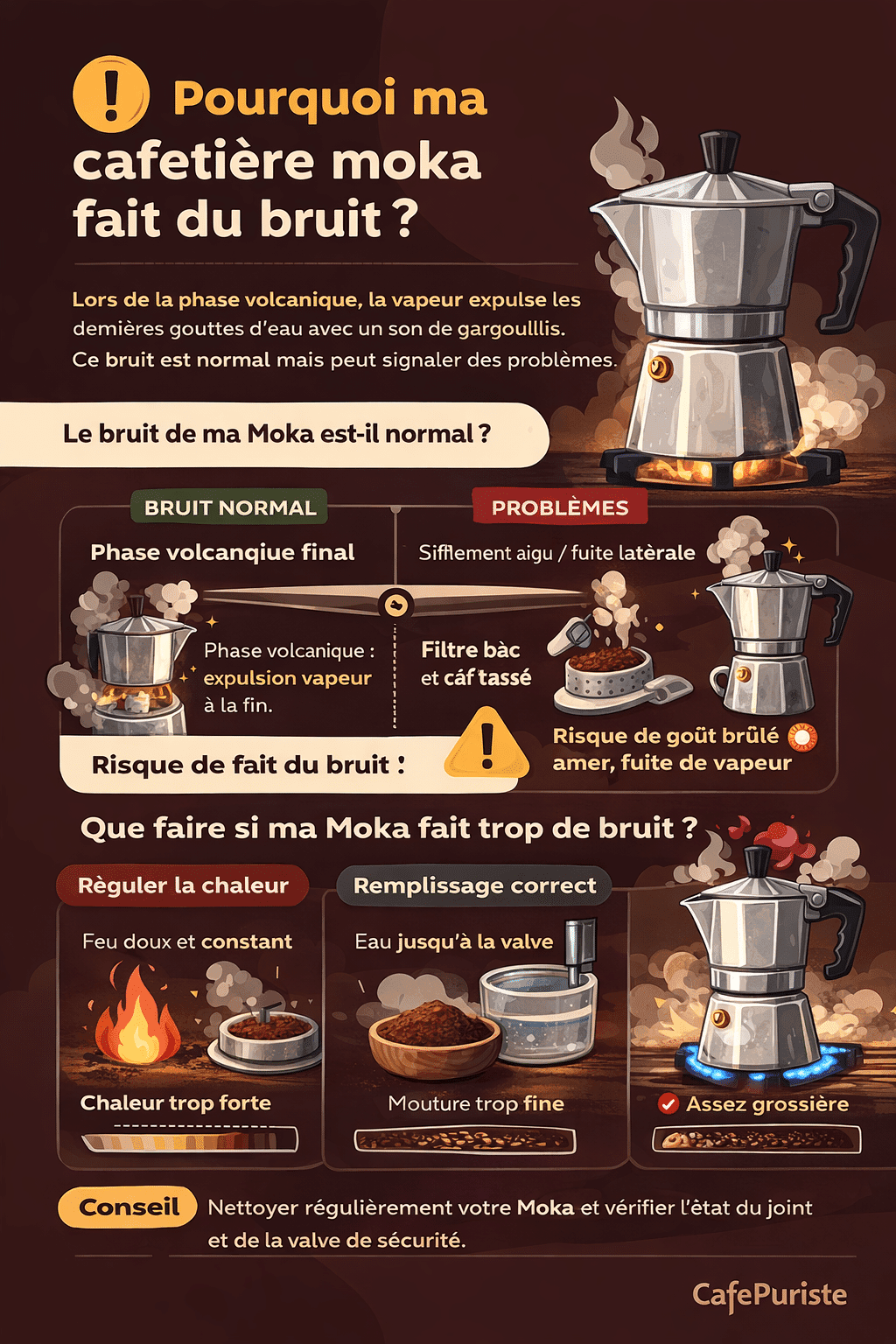 schéma fonctionnement cafetière moka pression vapeur bruit phase volcanique