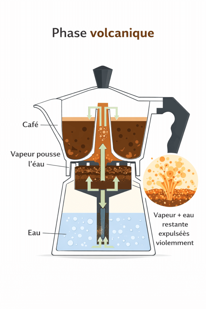 schéma fonctionnement cafetière moka phase volcanique vapeur pression bruit extraction café