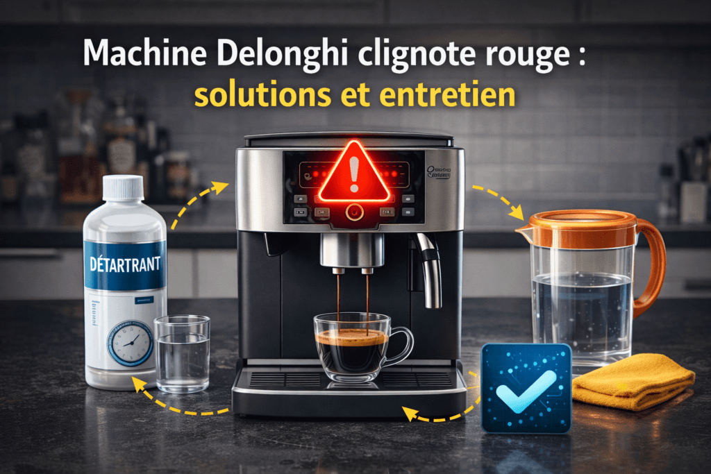 Photo réaliste d’une machine à café Delonghi avec voyant rouge allumé sur un plan de cuisine, accompagnée d’un détartrant, d’un verre d’eau et d’accessoires d’entretien pour résoudre le problème.