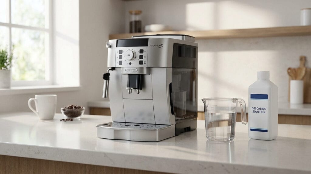 Image montrant une machine à café De'Longhi Magnifica S, une solution de détartrage et un verre d'eau, prêts pour le nettoyage.