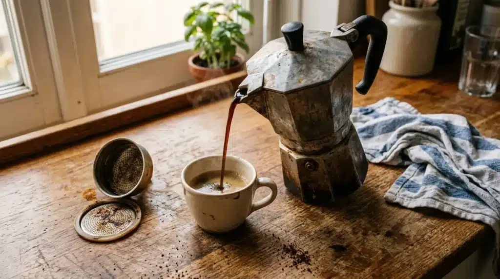 Cafetière moka versant du café dans une tasse blanche