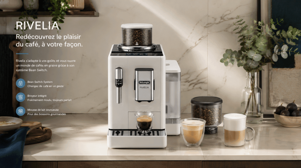 Machine à café à grain DeLonghi Rivelia blanche mise en scène sur un plan de travail de cuisine moderne avec cafés latte et grains de café, style magazine haut de gamme.