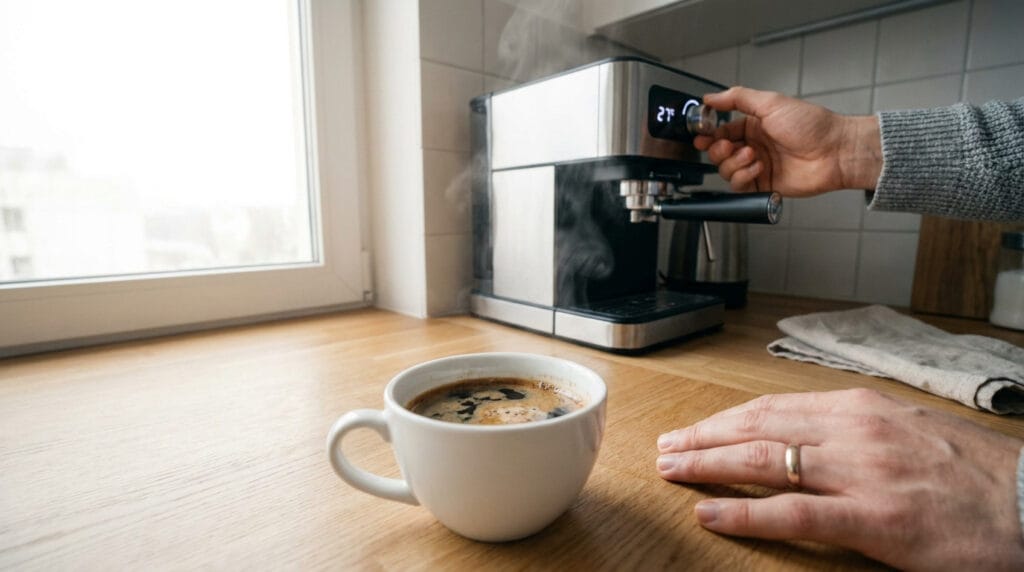 Une personne ajuste les réglages d'une machine à café à côté d'une tasse fumante posée sur un plan de travail en bois.