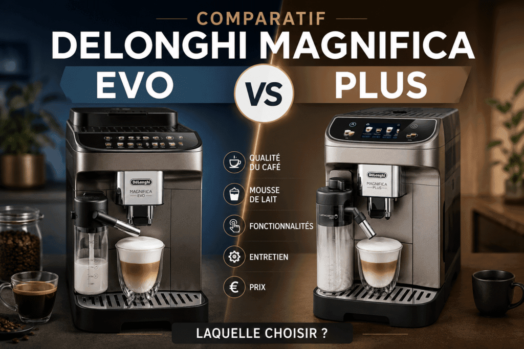 Comparaison entre la machine à café automatique DeLonghi Magnifica Evo et la DeLonghi Magnifica Plus avec système LatteCrema, guide d’achat et différences.