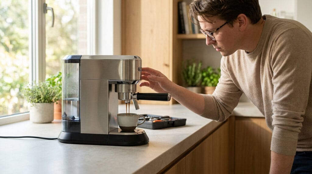 Un homme concentré inspecte une machine à espresso qui coule dans une cuisine moderne.