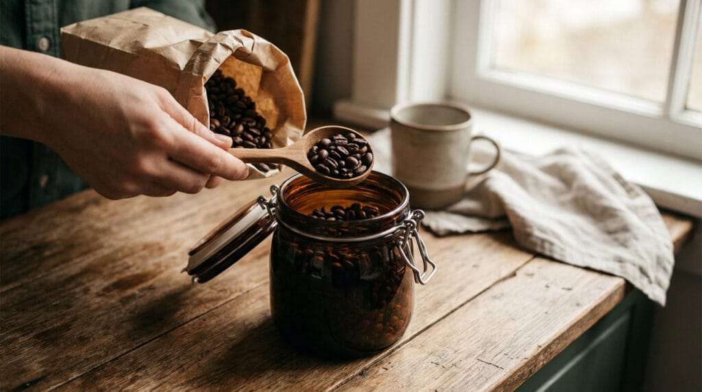 Une personne verse des grains de café d'un sac en papier dans un bocal en verre hermétique à l'aide d'une cuillère en bois.