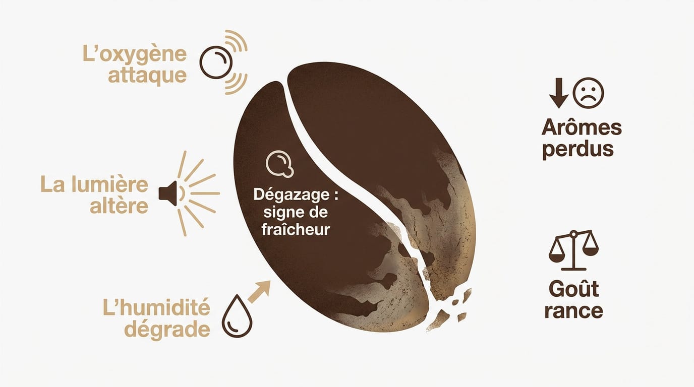 Illustration des ennemis naturels du café comme l'air et la lumière