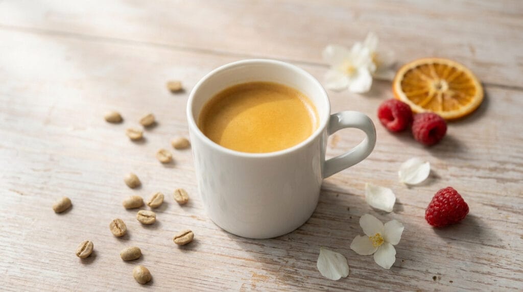 Tasse de café clair entourée de grains, fleurs blanches, framboises et une tranche d'orange séchée sur bois.