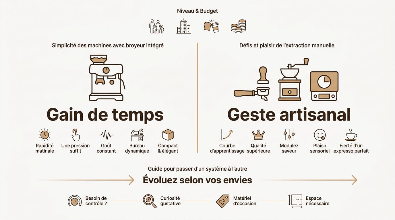 Comparaison visuelle entre une machine expresso automatique avec broyeur et une machine manuelle traditionnelle