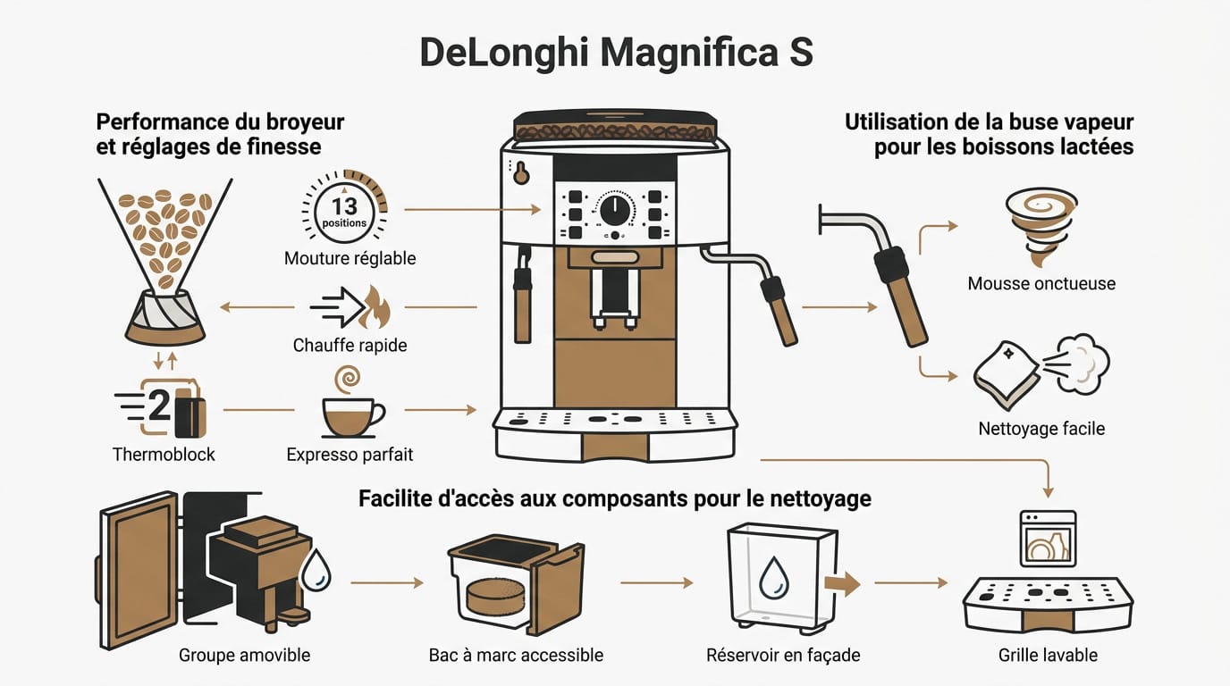 Caractéristiques de la machine Delonghi Magnifica S avec broyeur et buse vapeur