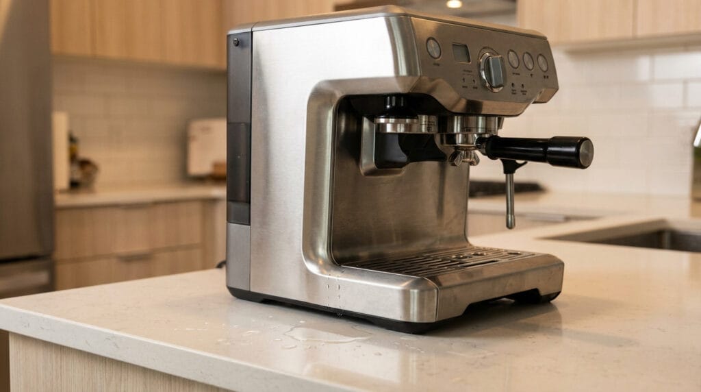 Une machine à café expresso en acier inoxydable sur un comptoir de cuisine, entourée d'une flaque d'eau.