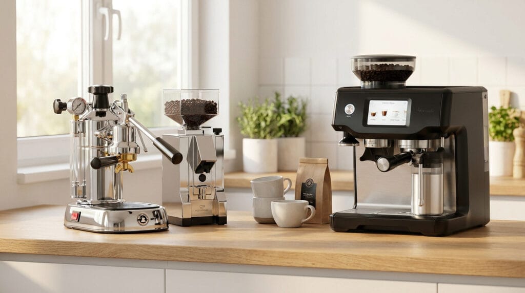 Comparaison sur un comptoir de cuisine entre une machine à expresso manuelle chromée et une machine automatique moderne.