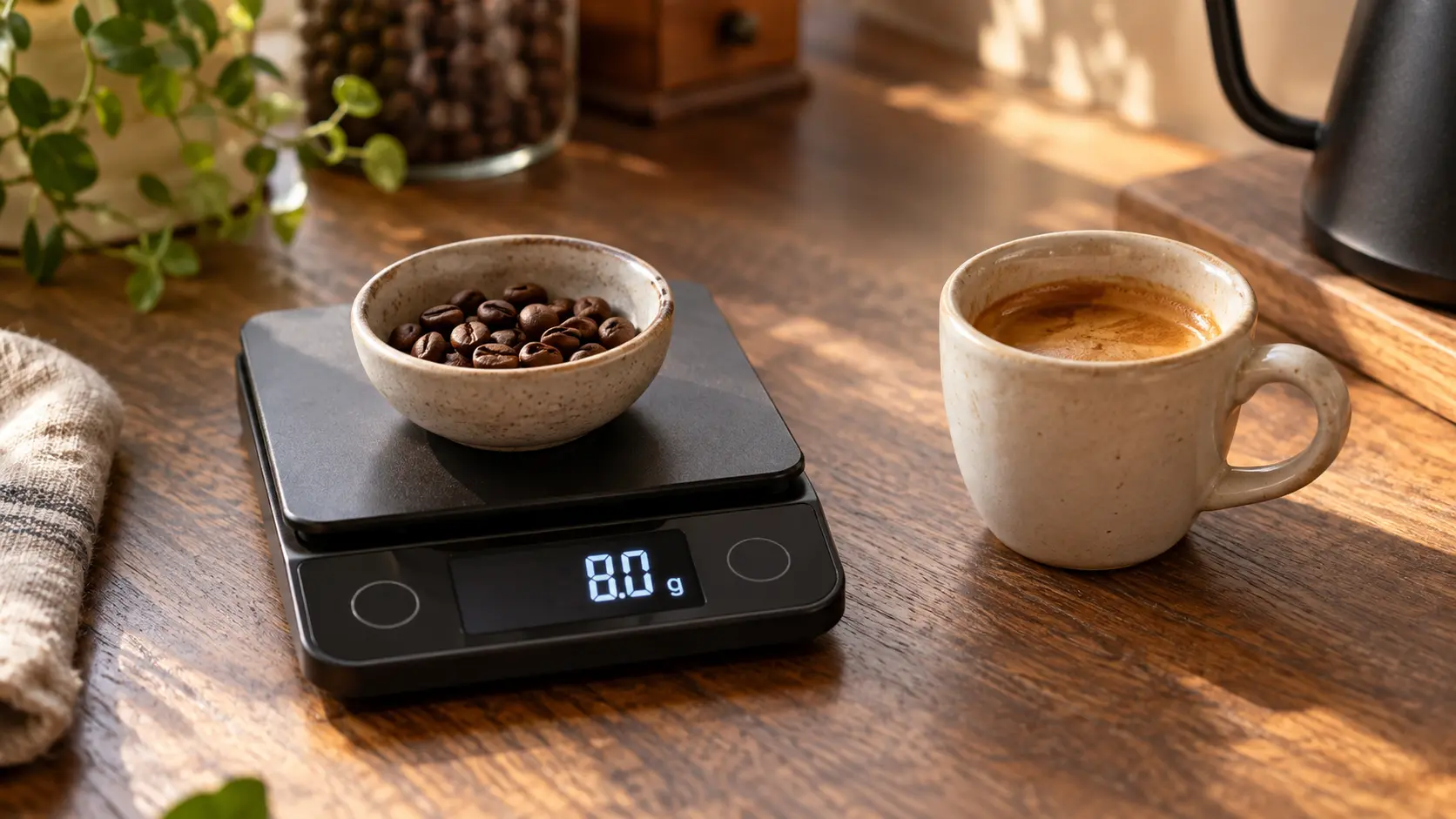 Balance affichant 8 g de café en grains à côté d’un expresso